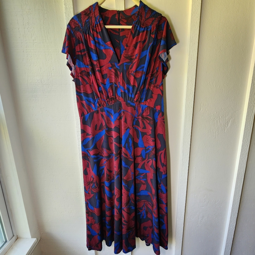 MAGGY LONDON Midi Dress Red Blue Navy Pattered Ruffle Shortsleeve  Size 14